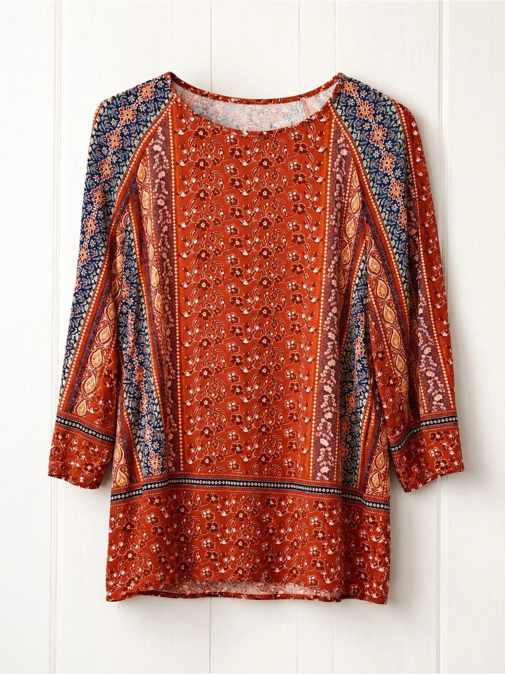 J. Jill Small Boho Paisley Tunic Top Orange Blue 3/4 Sleeve Rayon